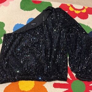 Bebe Black Glitter One-Shoulder Top